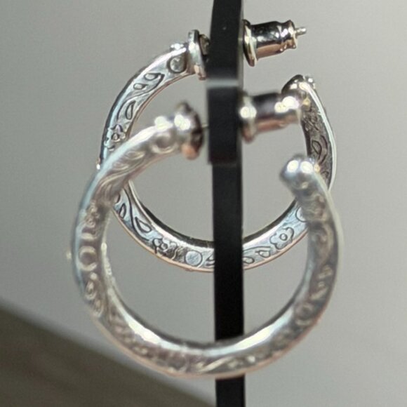 Brighton Silver Etched Hoop Earrings — Classic Scroll Design - Picture 4 of 5
